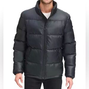 DKNY men's faux leather puffer zip jacket vegan black